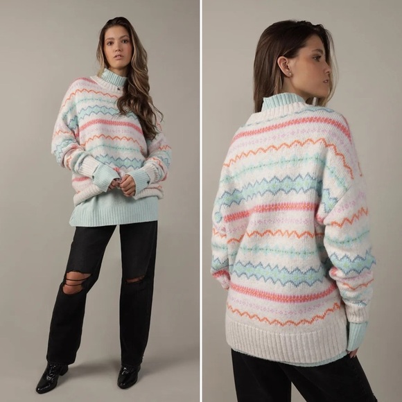 American Eagle Outfitters Sweaters - American Eagle Outfitters Rainbow Oversized Fair Isle Crewneck Sweater Size S